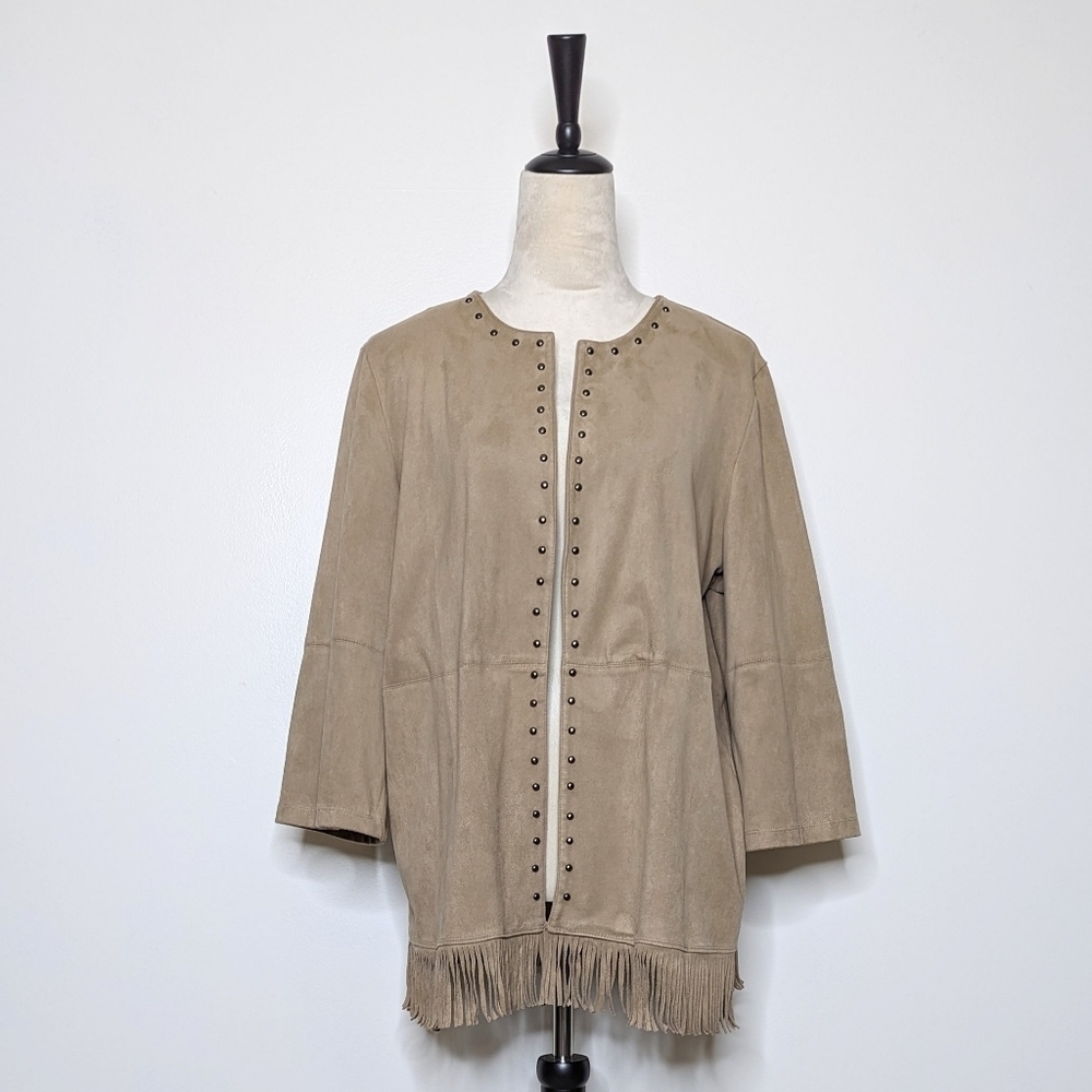Allison Daley Faux Suede Open Front Western Tan Fringe Silver Studs Jacket Large